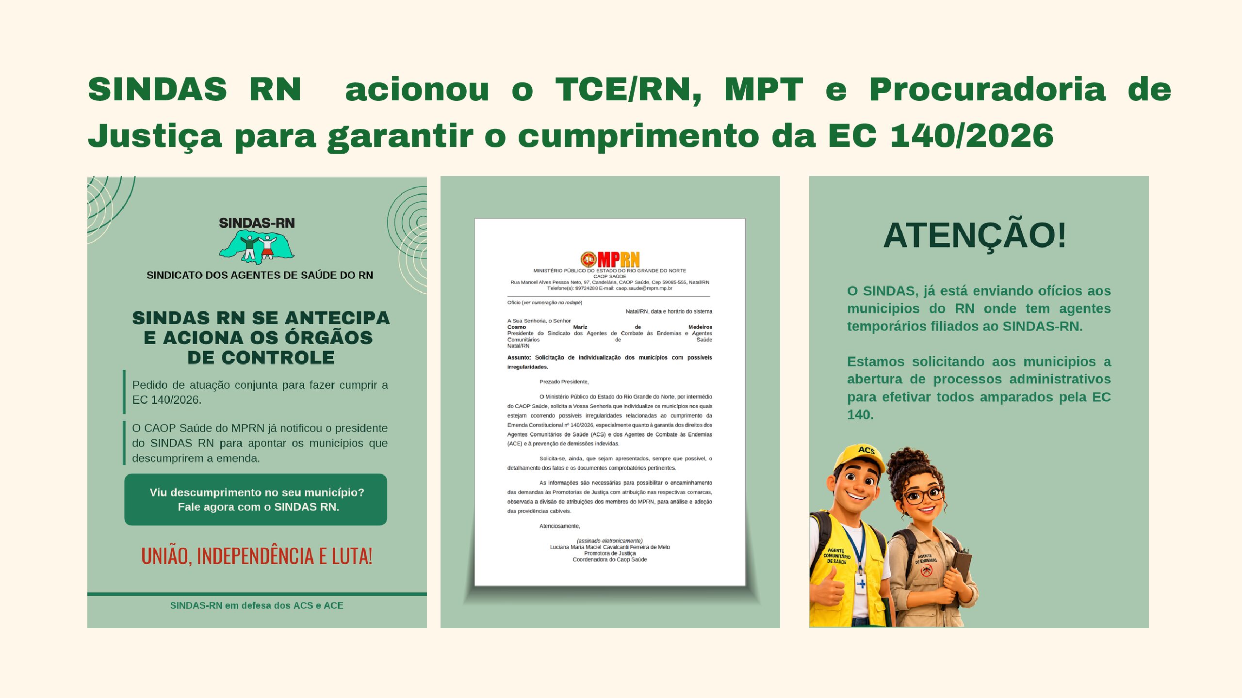 SINDAS RN se antecipou e acionou o TCE/RN, MPT e Procuradoria de Justiça para garantir o cumprimento da EC 140/2026